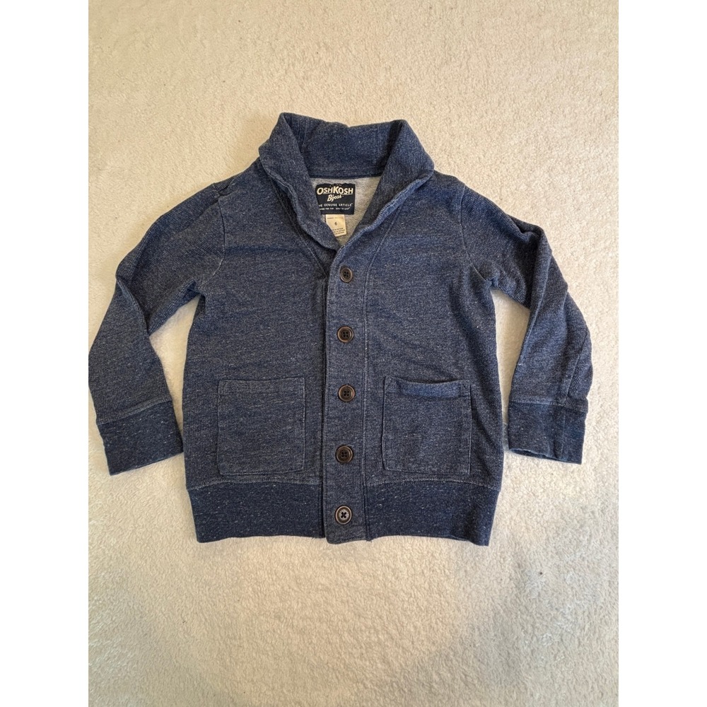 OshKosh Bgosh Boys Blue Heather Shawl Collar Button Cardigan Sweater Size 6